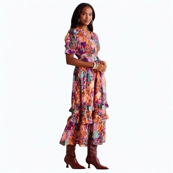 AVARA Boutique Mya Colorful Tribal Mix Print Maxi Dress Ruffle Puff Sleeve XXL - Picture 4 of 12